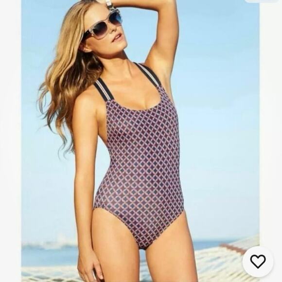 Tommy Hilfiger Blue Printed Crisscross Onepiece Swimsuit sz 10 Navy Multi - Picture 1 of 8